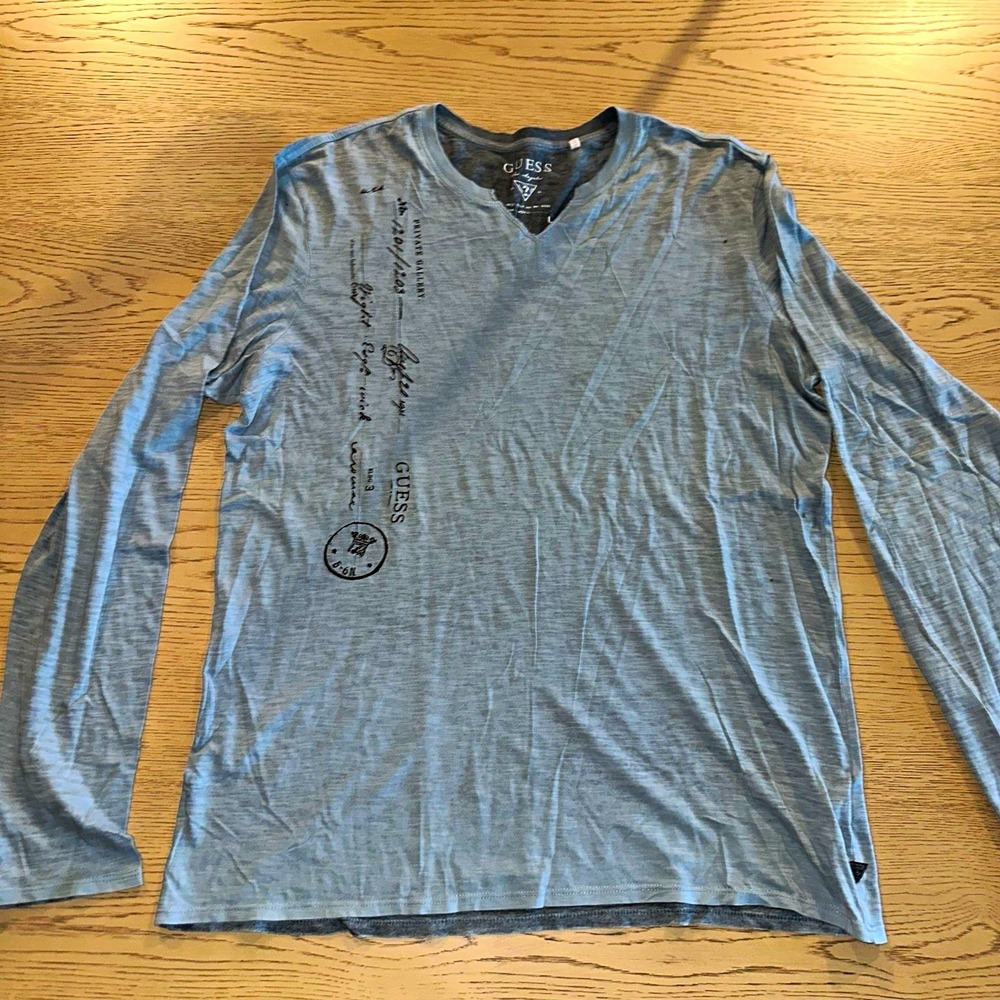 GUESS Mens Gray Cotton Knit Graphic V-Neck Long Sleeve T-Shirt Size L preppy y2k